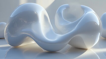 Wall Mural - 3d render of a smooth, flowing, pale blue abstract sculpture on a reflective floor.