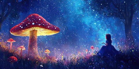 Wall Mural - Magical realism style illustration of mushroom girl singing to the stars