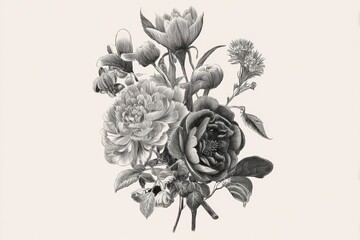 Poster - Botanical Illustration of Various Flowers in Detailed Hand-Drawn Style Against a White Background Generative AI