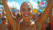 © ezen - A joyful young woman with arms raised, surrounded by a vibrant, sun-drenched crowd at a summer festival
