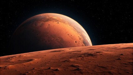 Wall Mural - the red planet, likely mars, rises above the rocky surface of a nearby celestial body, set against a