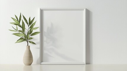 Fototapete - A blank white frame rests against a light wall next to a small vase containing green leaves. Sunlight enhances the simplicity of this modern decor arrangement