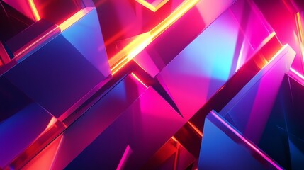 Wall Mural - 3d render of geometric shapes with intense neon pink, yellow, and blue light reflections.