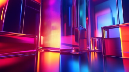 Wall Mural - 3d render showcases mirrored geometric shapes in vibrant, contrasting red, blue, and yellow lighting