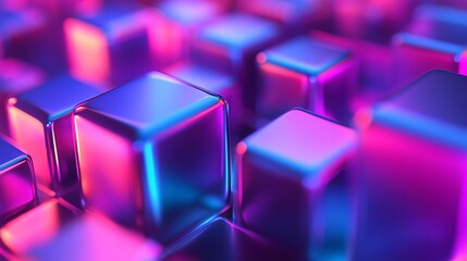 Wall Mural - 3d render of translucent, glowing cubes in vibrant pink and blue hues, creating a futuristic abstrac