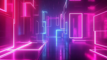 Wall Mural - 3d render of a sleek, mirrored hallway illuminated with vibrant pink and blue neon lines.