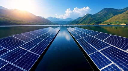 Wall Mural - a solar panel array is reflected in the water. the water is calm and the sky is clear