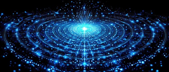 Wall Mural - glowing blue waves emanating from central light source against black background