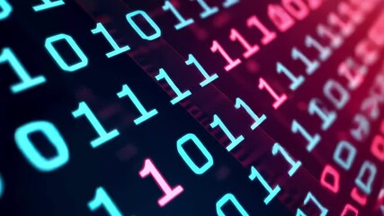 Digital data streams flow on screen, red and blue binary code, technology background, website use