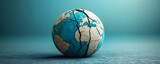 A globe with a large crack through its center, symbolizing geopolitical tensions, economic divides, and global instability.