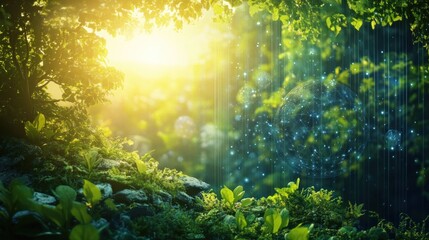 Poster - Enchanting forest scene bathed in golden sunlight