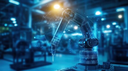 Aufkleber - Industrial robotic arm in a factory setting.  A futuristic, automated production environment