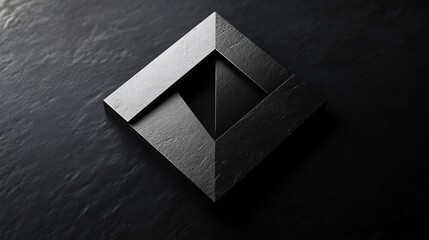 Wall Mural - 3d render of a textured black geometric shape with internal triangles on a dark stone surface.