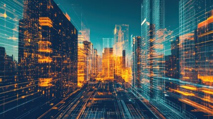 Aufkleber - Futuristic cityscape with digital lines and glowing buildings