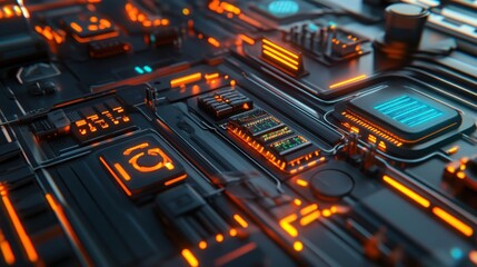 Futuristic circuit board with glowing elements.