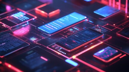Futuristic technology concept with glowing screens.