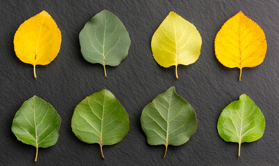 colorful leaves on dark slate yellow, green. different stages, sizes, and colors arranged in pattern