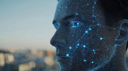 Fototapete - Digital face overlay, network of glowing points and lines