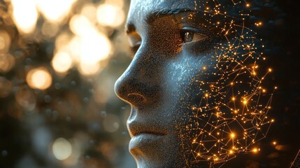 Poster - Close-up profile of a futuristic human face, with glowing network patterns