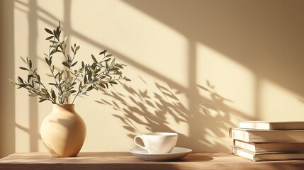 Fototapete - A tranquil setting showcases a vase with olive branches alongside a cup on a saucer, with neatly stacked books, all illuminated by soft sunlight casting shadows on the wall