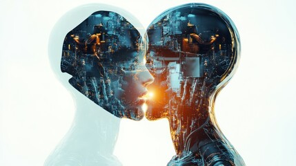 Fototapete - Two futuristic robots kiss, showcasing intricate inner workings