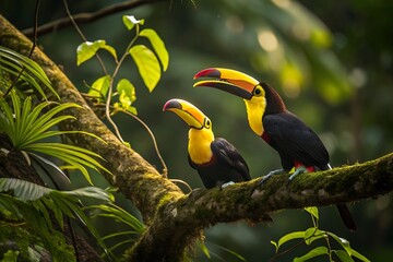 toucan sitting on the branch in the forest, green vegetation, costa rica. nature travel in central a
