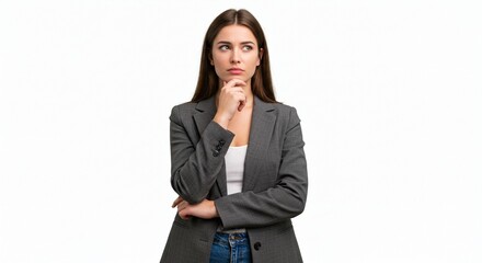 pensive young woman in a gray blazer, lost in thought against a bright white background. making deci