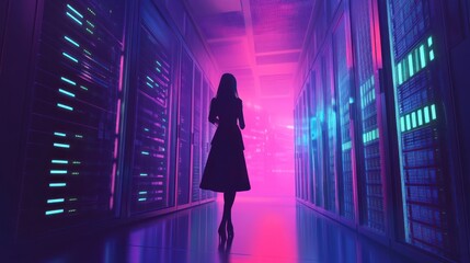 Poster - Woman walks through a vibrant server room