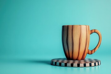 Poster - Stylish wooden mug on a checkered surface against a teal background.