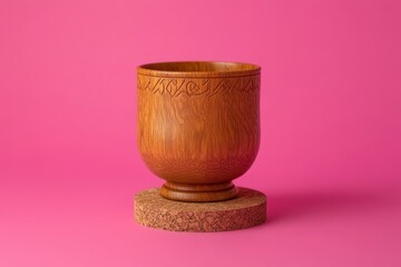 Poster - Wooden drinking cup on a cork coaster,  isolated against a pink backdrop.