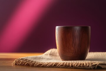 Poster - Wooden cup resting on a textured cloth.