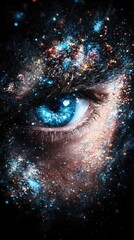 Wall Mural - eye stares from galaxy, swirling cosmos, blues and oranges on skin