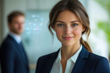 Poster - Confident businesswoman with data visualization background, representing success and technology.