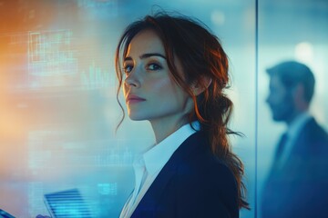 Poster - A woman in business attire stands against a backdrop of digital data, reflecting a modern professional environment.