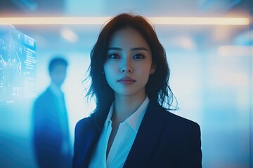 Aufkleber - A young businesswoman confidently stands in a modern office, futuristic technology displayed behind her.