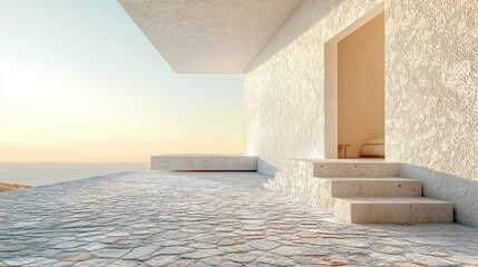 Fototapete - A sleek, contemporary structure features clean lines and bright walls. Steps lead to a terrace with stunning views of the ocean as the sun rises, casting a warm glow