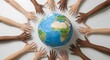 © Candra - AI image presenting a top-down view of diverse hands forming a circle around planet Earth, representing global unity, cooperation, and care.