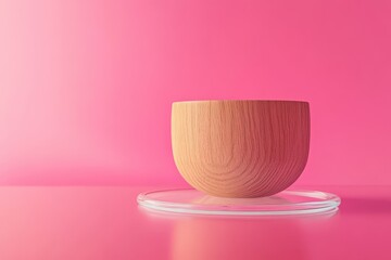 Poster - A simple wooden bowl on a glass disc against a bright pink background.
