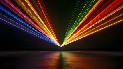 Wall Mural - vibrant, multicolored laser beams converge in a v-shape, creating a radiant spectacle reflected on a