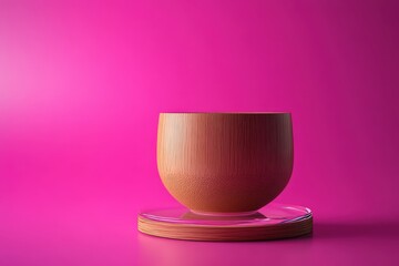 Poster - Simple wooden bowl resting on a glass disc against a fuchsia backdrop.