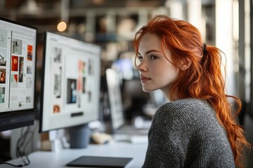 Fototapete - A young woman with red hair focuses intently on design work displayed on multiple computer screens in a modern office setting.