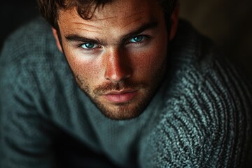 Aufkleber - Close-up portrait of a man with intense blue eyes and freckled skin, wearing a textured sweater.