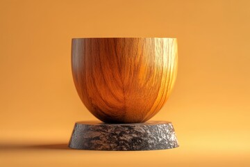 Poster - Wooden bowl on a stone pedestal, presented against a plain backdrop.