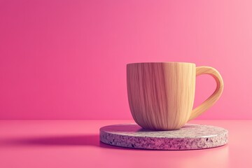 Poster - Wooden coffee cup on a pink background.