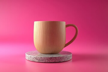 Poster - Light beige wooden mug on a granite coaster against a pink background.