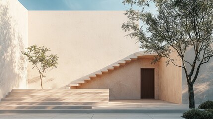 Fototapete - Soft sunlight illuminates a contemporary space with a light-hued structure, smooth stairs, and sparse greenery, creating a tranquil atmosphere for relaxation and contemplation