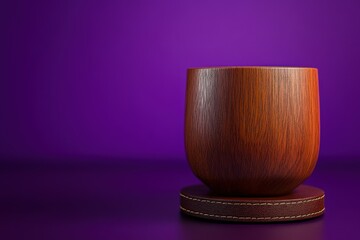 Poster - Wooden mug on a dark purple background with a leather coaster.