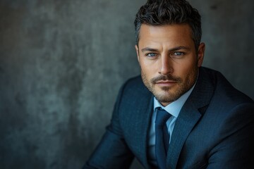 Poster - A charismatic man in a dark blue suit, exuding confidence and sophistication.
