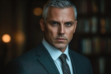 Poster - A serious, middle-aged man in a dark suit and patterned tie, looking directly at the camera.