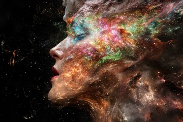 Wall Mural - portrait of a woman dissolving into colorful cosmic energy on a dark background